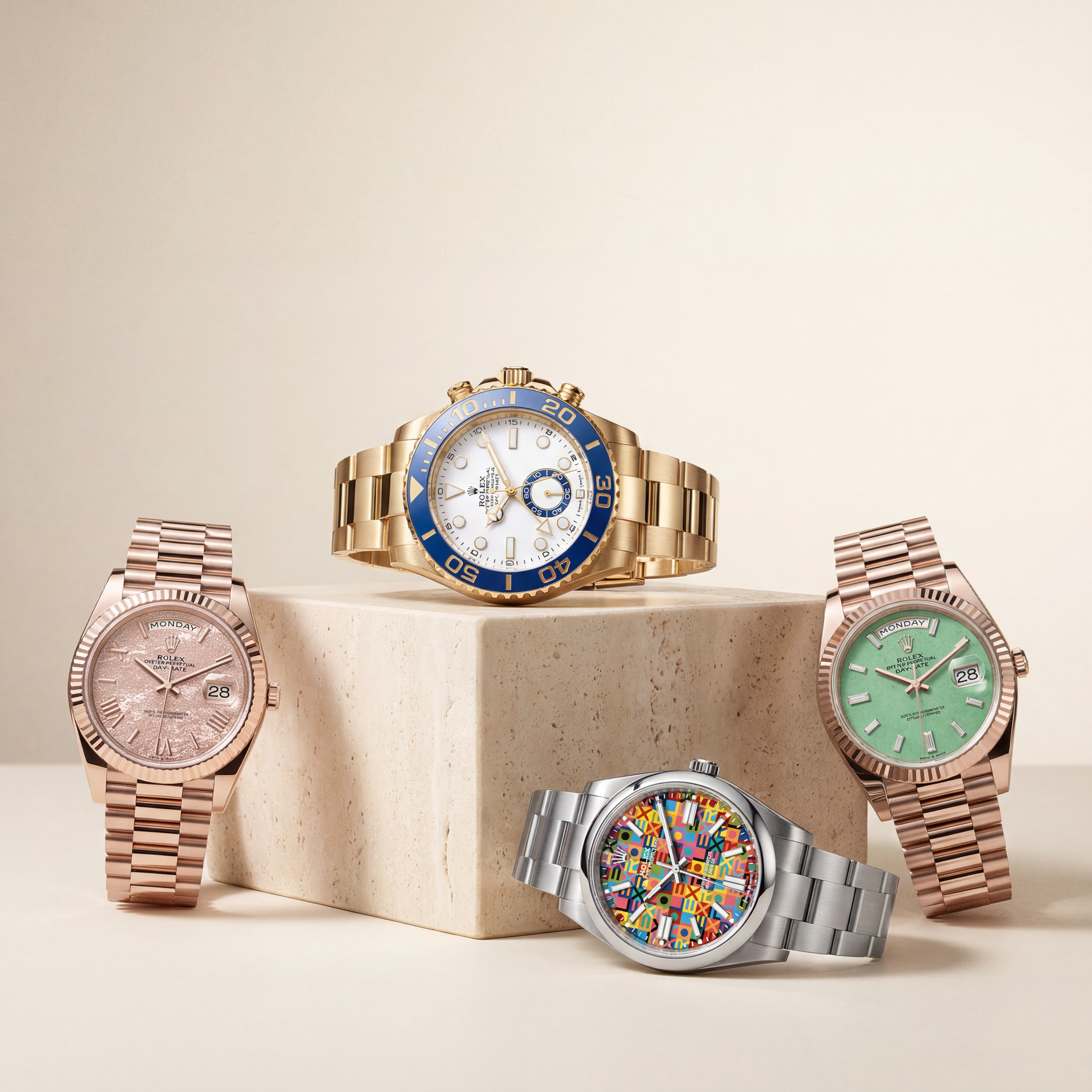 Four luxury wristwatches arranged on a beige pedestal and surface against a warm cream background. The center watch sits on the pedestal, while the other three are placed around it.