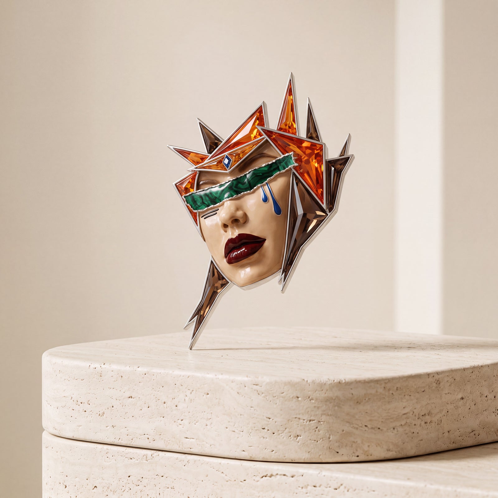 A sculptural, geometric face brooch with sharp angular facets in amber, silver, green, and red, displayed on a textured beige stone pedestal against a warm beige background.