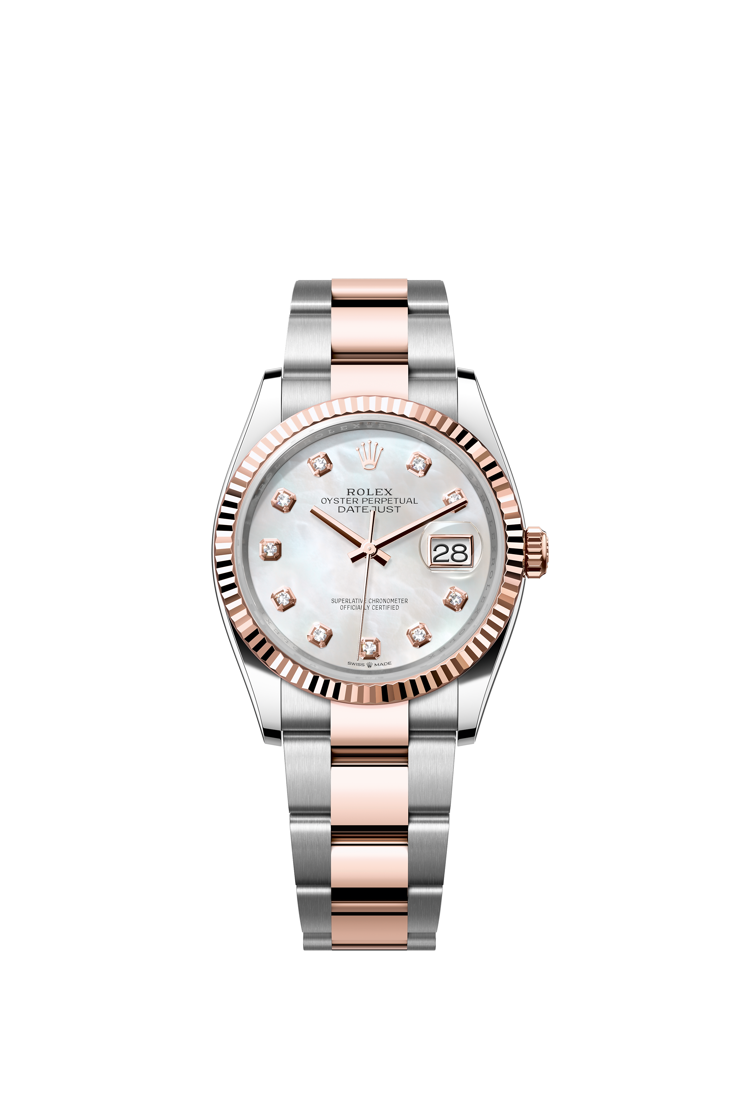 Rolex 126231 Datejust 36 Everose Rolesor White Mother-of-Pearl Diamond Dial Oyster Bracelet