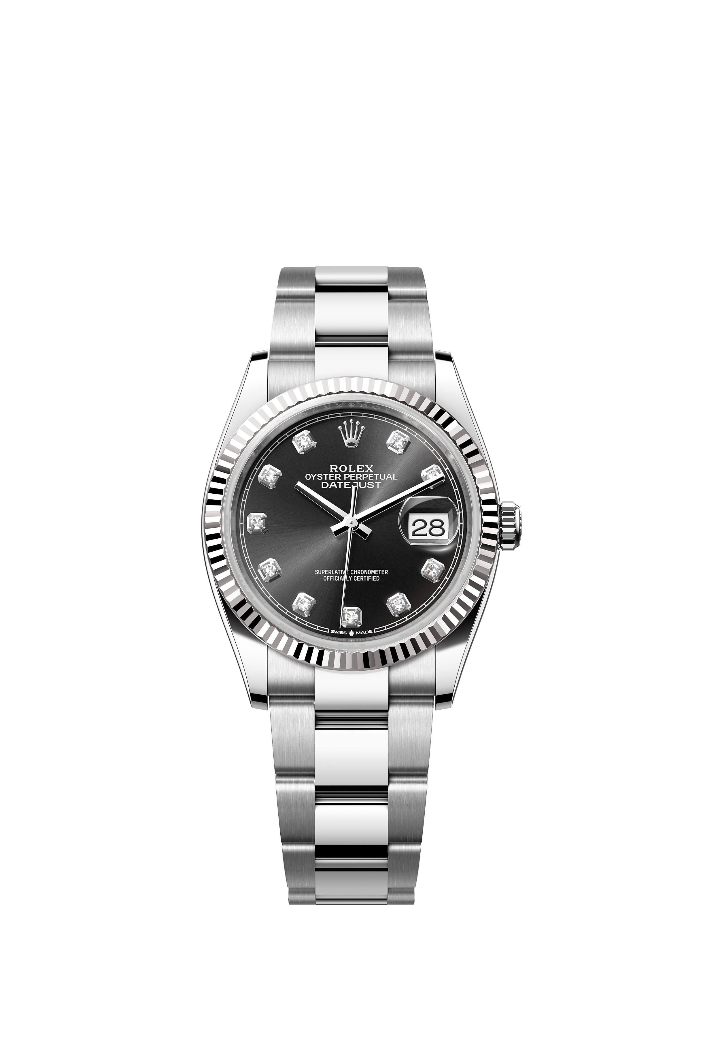 Rolex 126234 Datejust 36 White Rolesor Bright Black Diamond Dial Oyster Bracelet