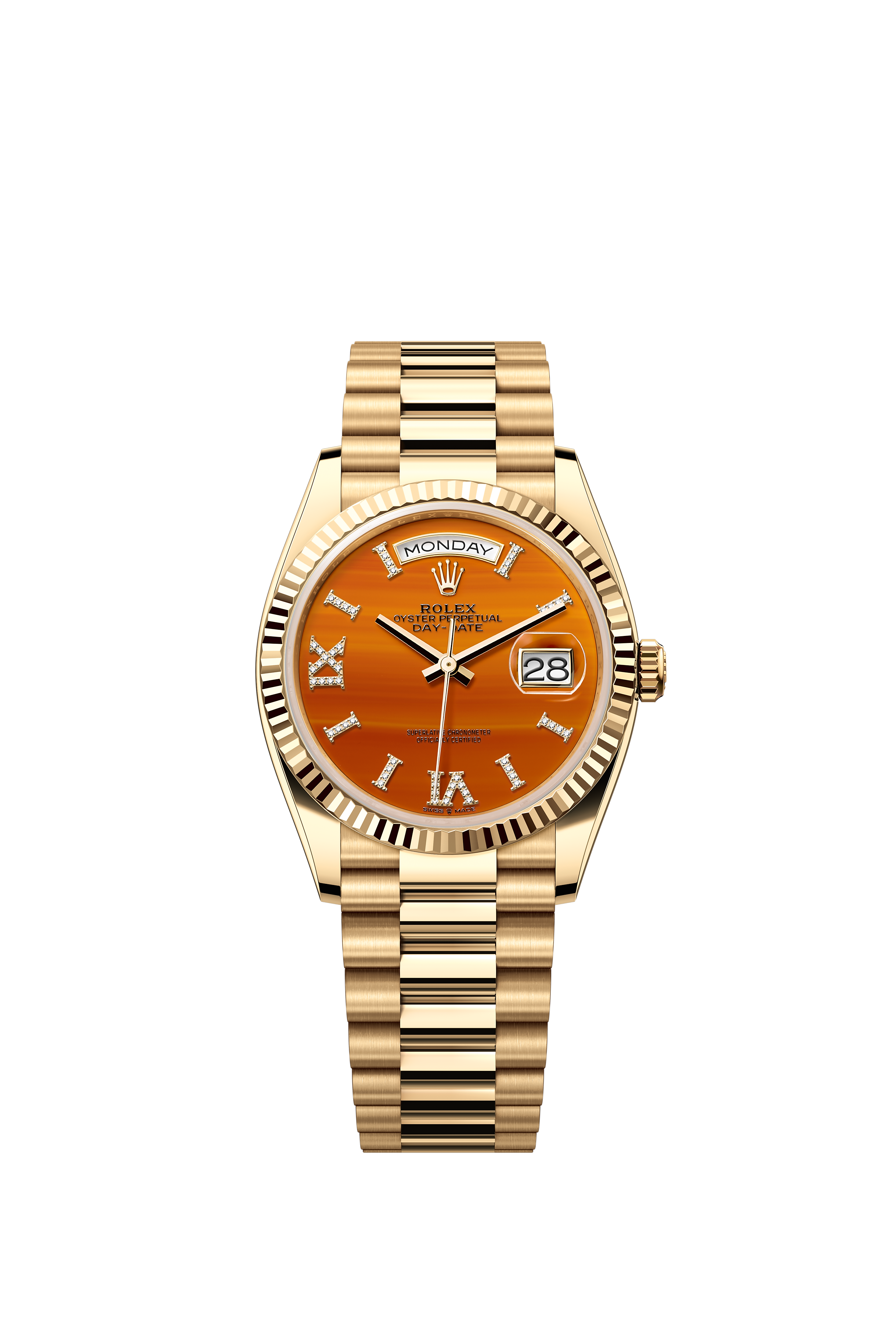 Rolex 128238 Day-Date 36 Yellow Gold Carnelian Diamond Dial