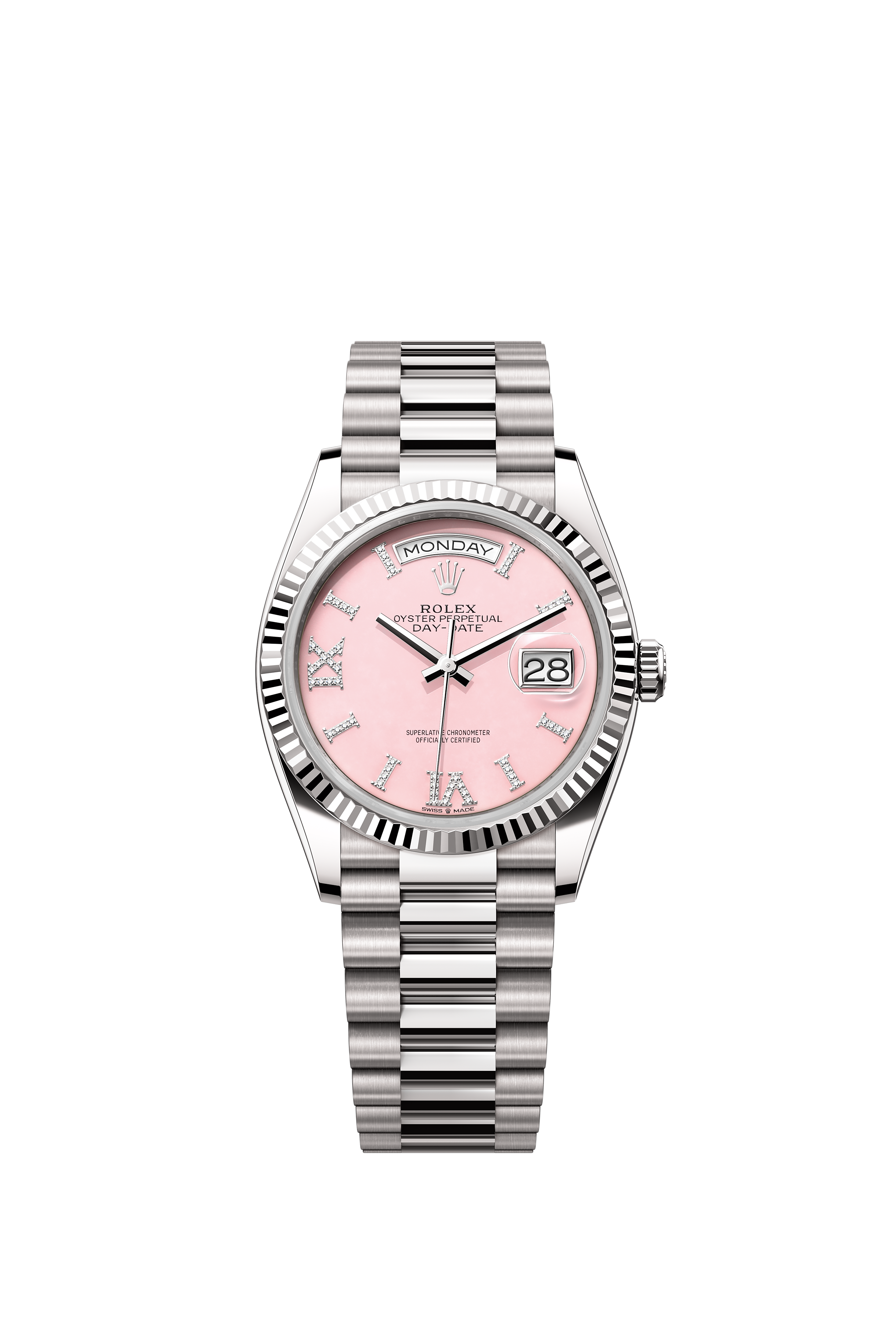 Rolex 128239 Day-Date 36 White Gold Pink Opal Diamond Dial