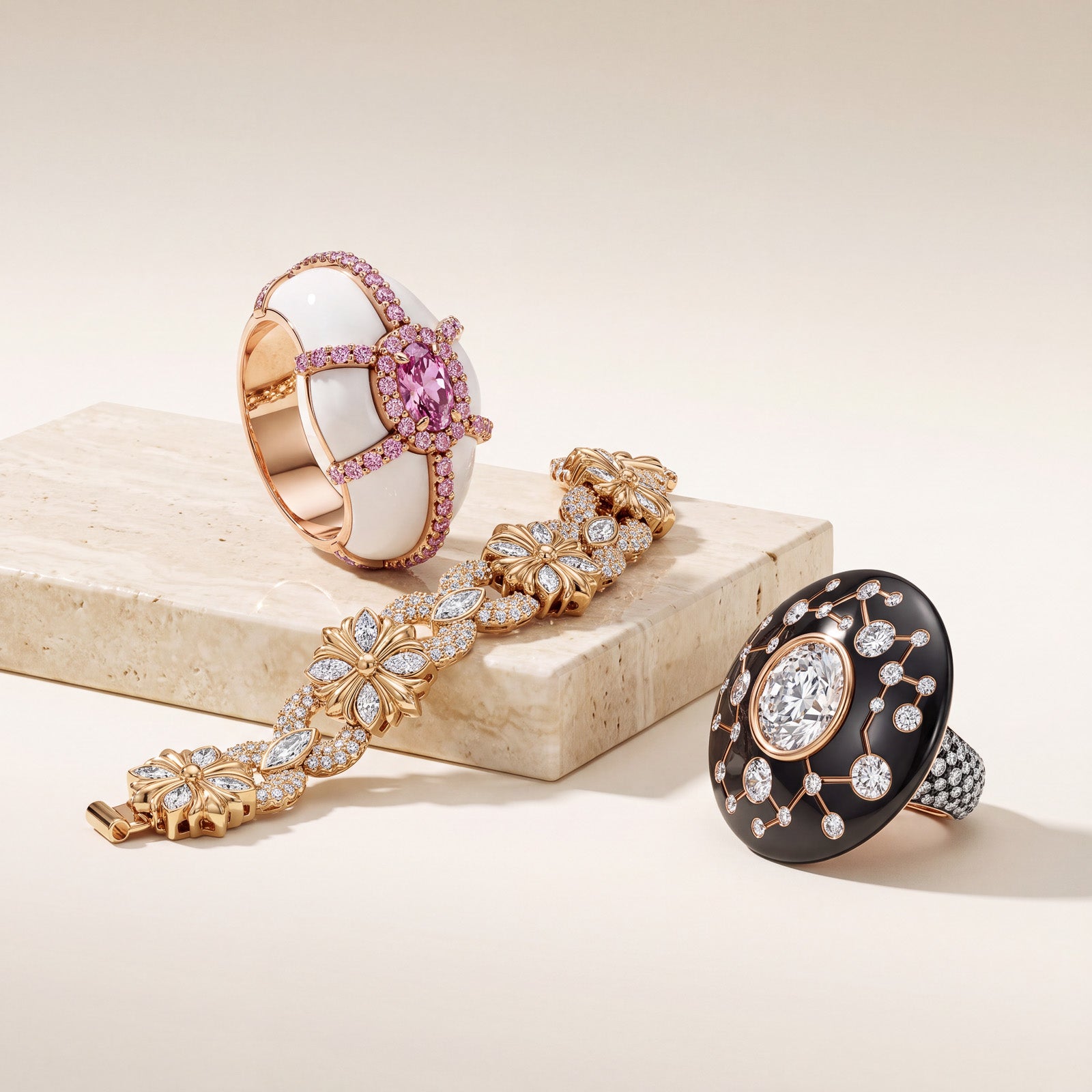 Two ornate rings and a matching floral bracelet arranged on a light stone pedestal against a warm cream background. One ring has a white enamel section with a pink gemstone and pink pavé detailing; the other has a black enamel section with a clear central stone and silver pavé accents.