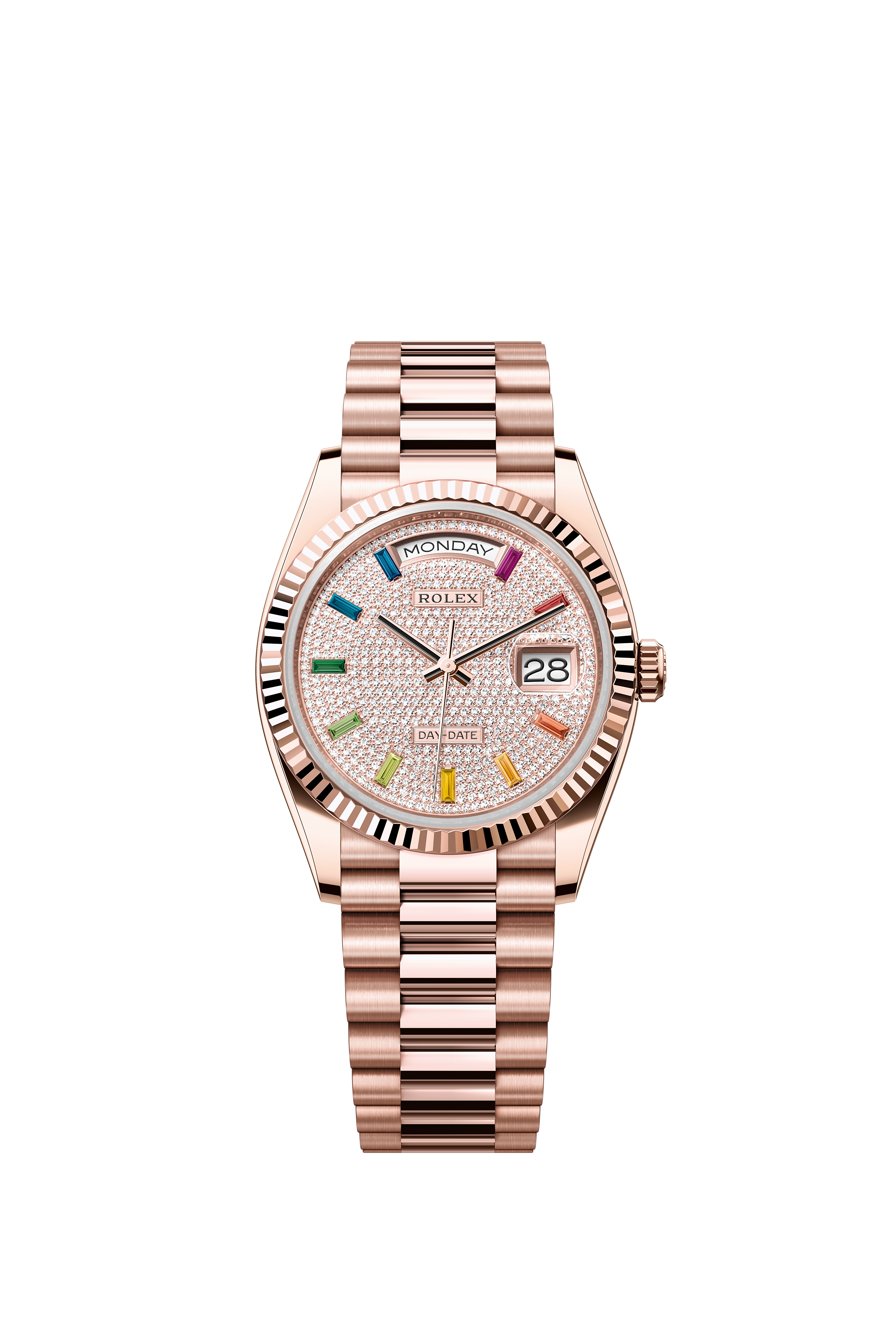 Rolex 128235 Day-Date 36 Everose Gold Diamond-Paved Rainbow Sapphire Dial