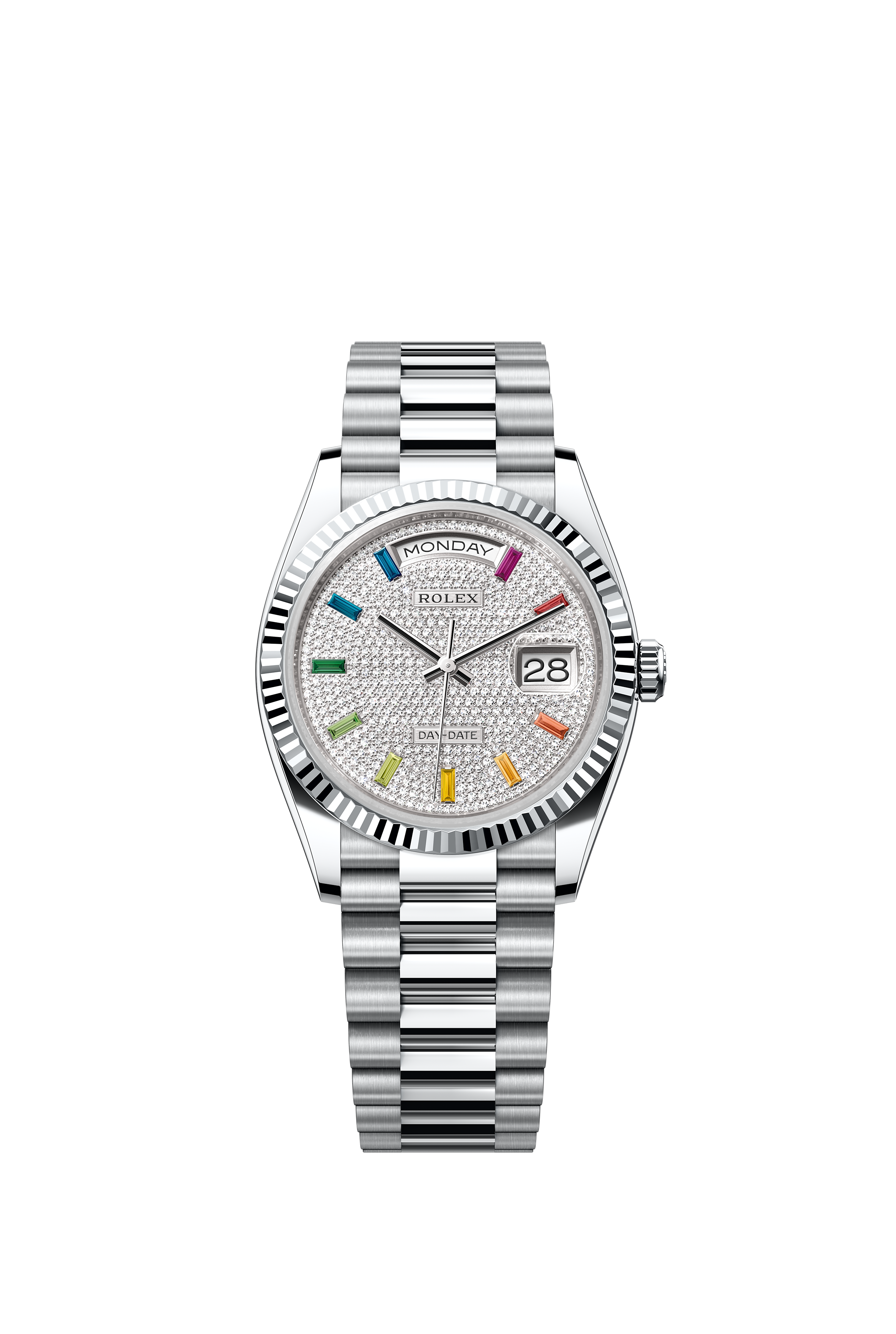 Rolex 128236 Day-Date 36 Platinum Diamond-Paved Rainbow Sapphire Dial