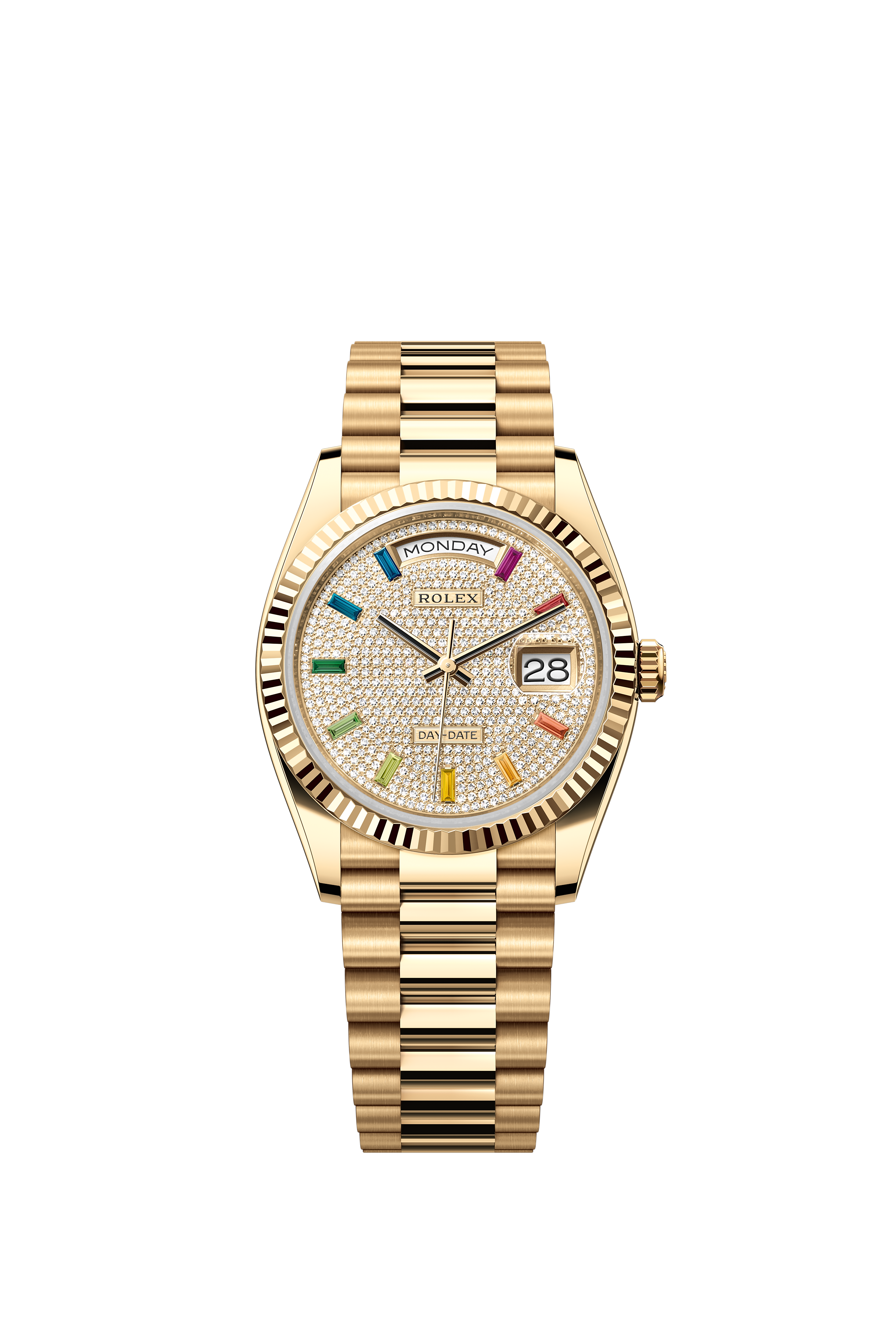 Rolex 128238 Day-Date 36 Yellow Gold Diamond-Paved Rainbow Sapphire Dial