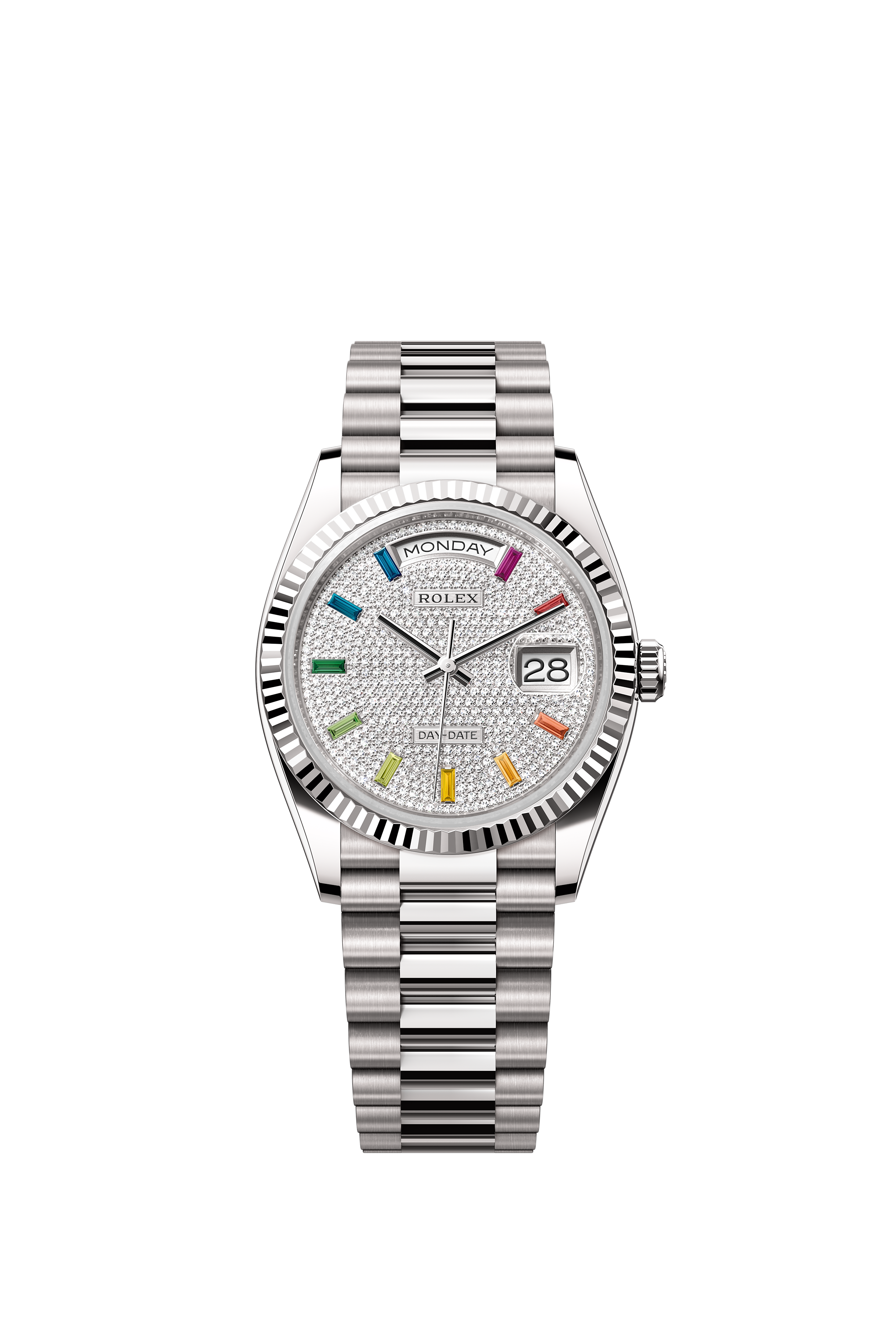 Rolex 128239 Day-Date 36 White Gold Diamond-Paved Rainbow Sapphire Dial